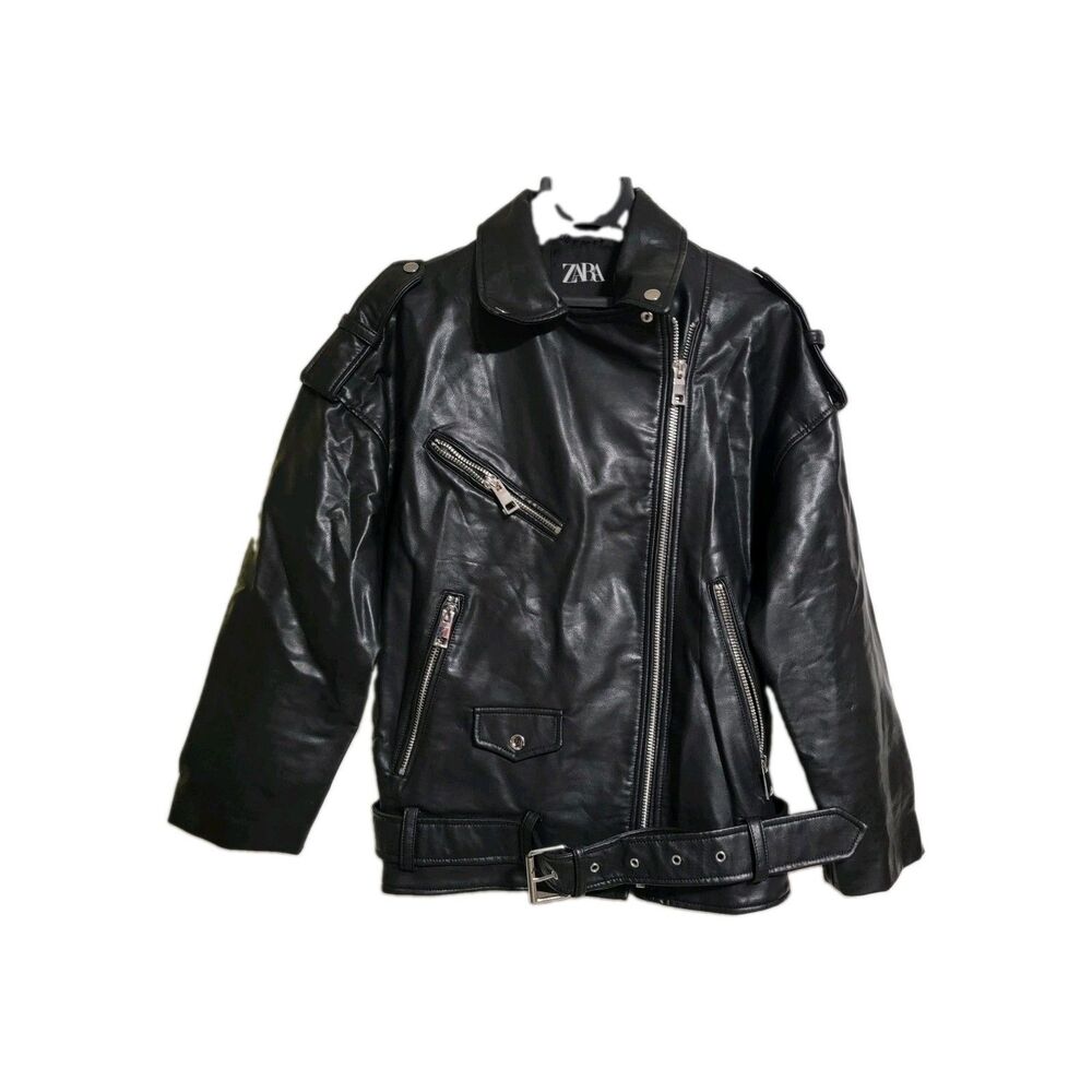 Zara Biker Jacket Mens Medium Black Faux Leather Moto Asymmetrical Zipper Buckle